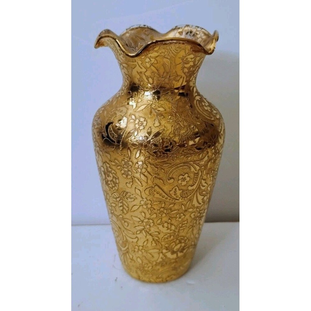 Vtg Glastonbury Lotus 22K Gold Encrusted Glass Vase Daisy Fields Ruffled 5.5"